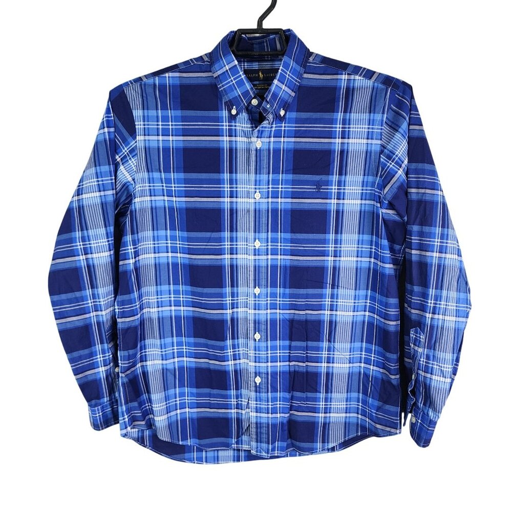 Mens Ralph Lauren Blue Plaid Shirt Classic Fit Button Down Long Sleeve Size L